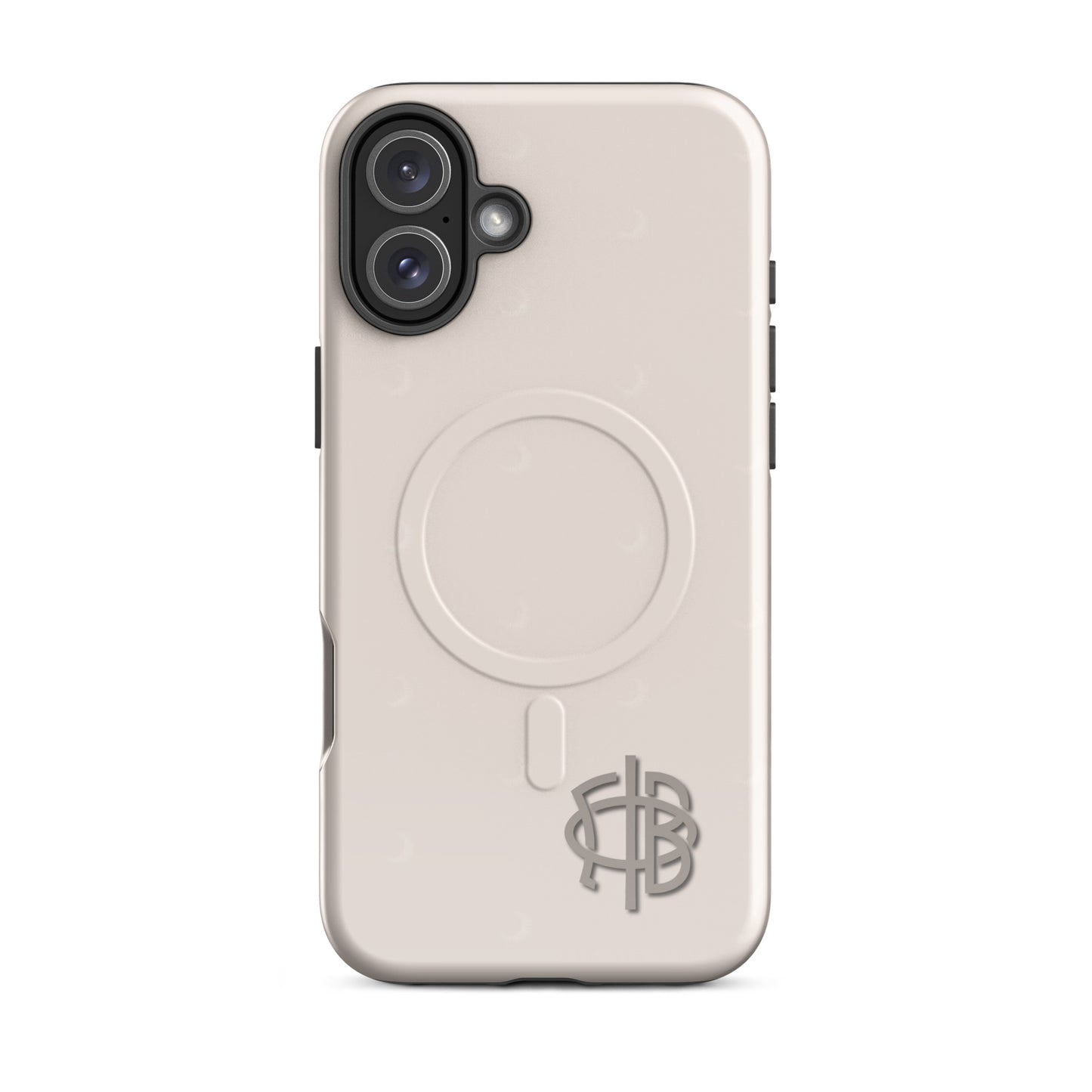 Gamma Phi Beta iPhone 16 Plus case featuring official symbol and crescent moons, slim durable cover with MagSafe compatibility and minimalist design