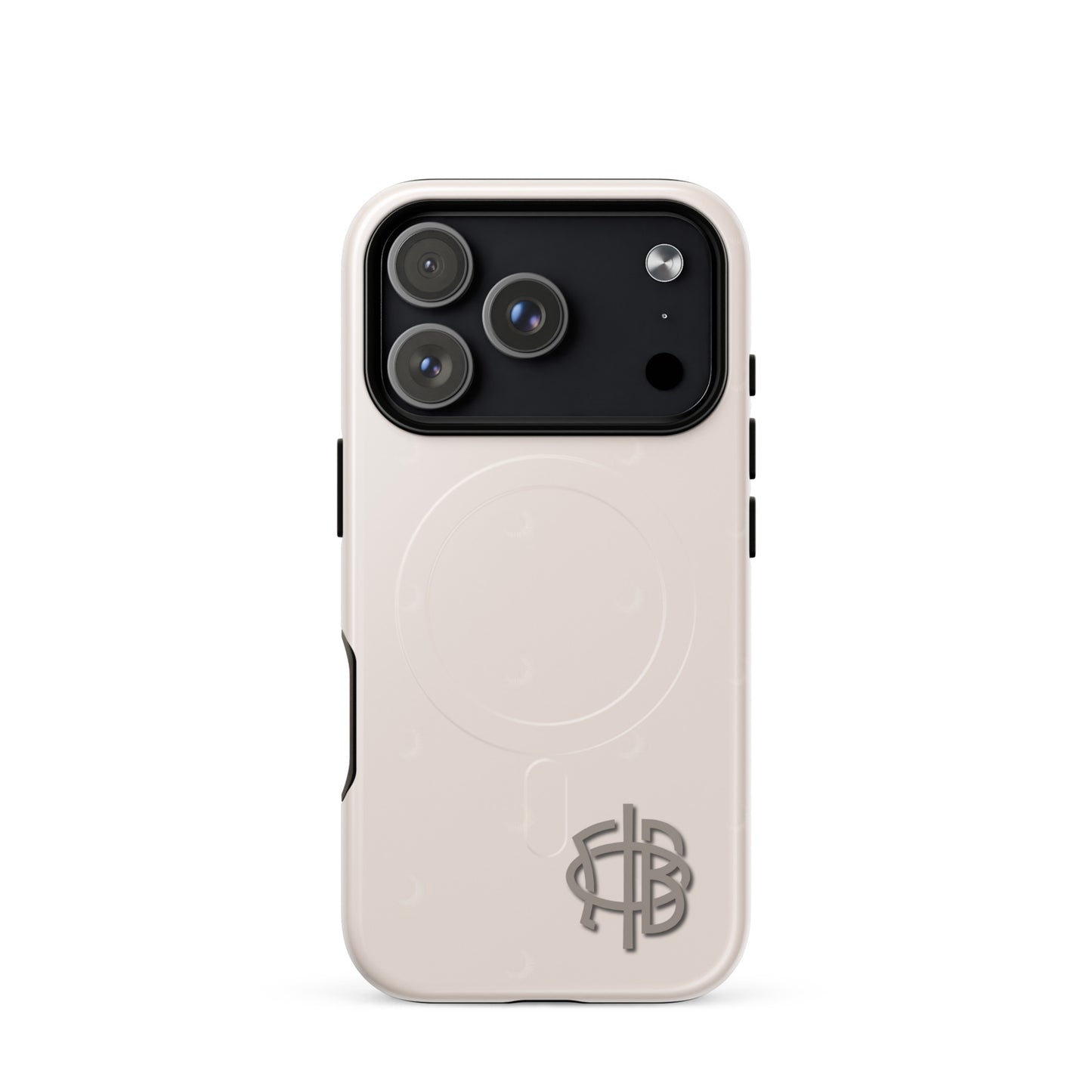 Gamma Phi Beta iPhone 17 Pro case with official mark and crescent moon pattern, neutral taupe protective phone case with MagSafe ring