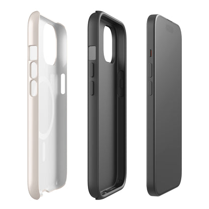 Gamma Phi Beta iPhone case with official mark and crescent moon pattern, neutral taupe protective phone case with MagSafe ring protective layers