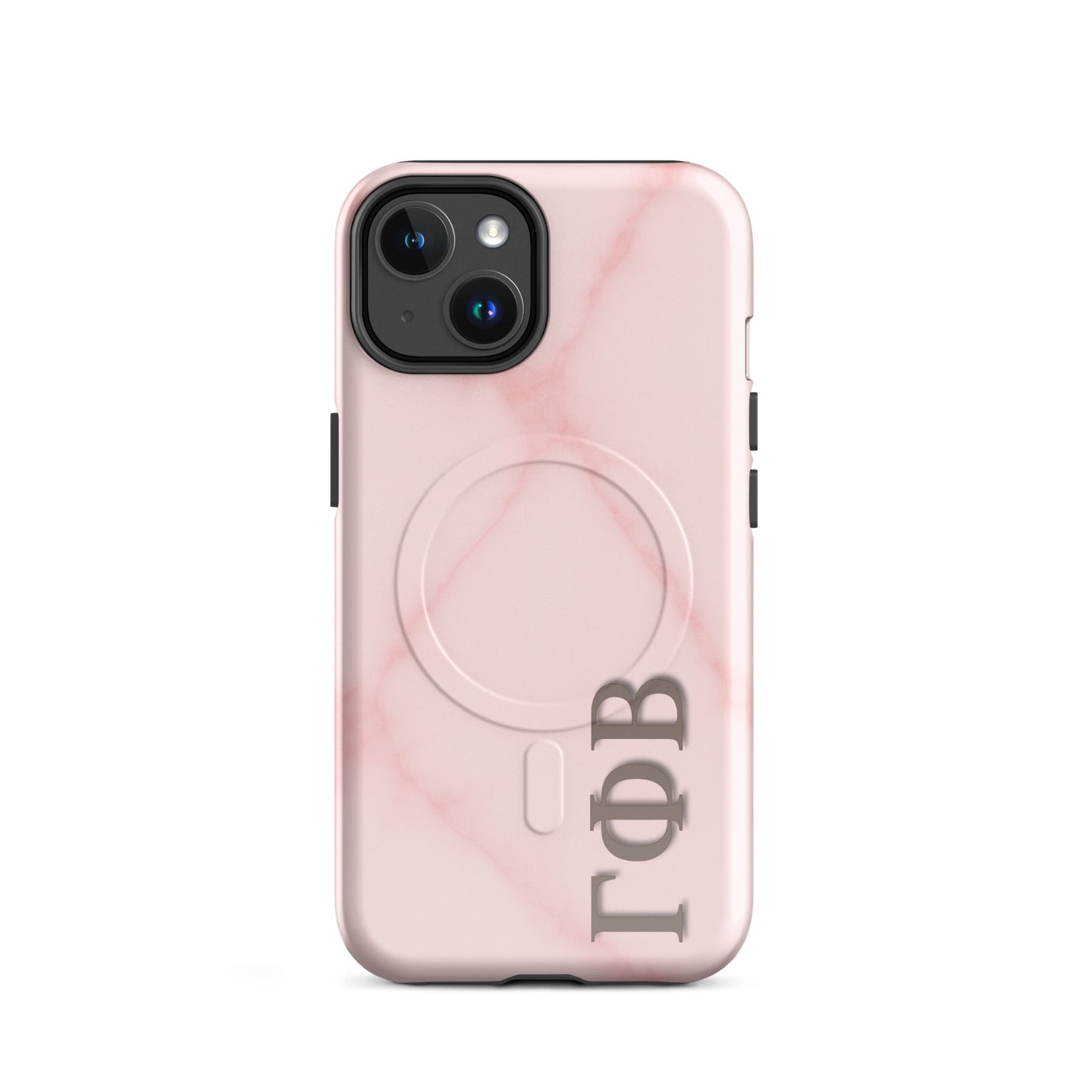 Gamma Phi Beta blush marble iPhone 14 case with Greek letters and MagSafe ring, soft pink protective phone case with minimalist design