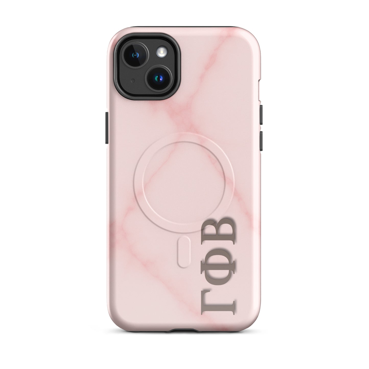 Gamma Phi Beta iPhone 14 Plus case with light pink marble pattern and Greek letters, slim durable cover with MagSafe compatibility