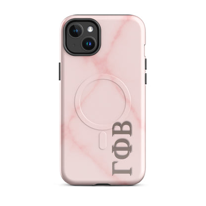 Gamma Phi Beta iPhone 14 Plus case with light pink marble pattern and Greek letters, slim durable cover with MagSafe compatibility