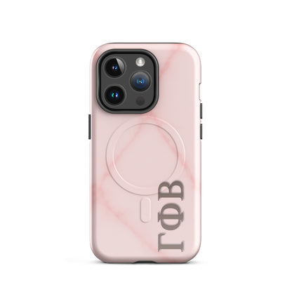 Gamma Phi Beta Greek letter phone case in blush marble design, lightweight protective iPhone 14 Pro case with MagSafe ring and clean aesthetic