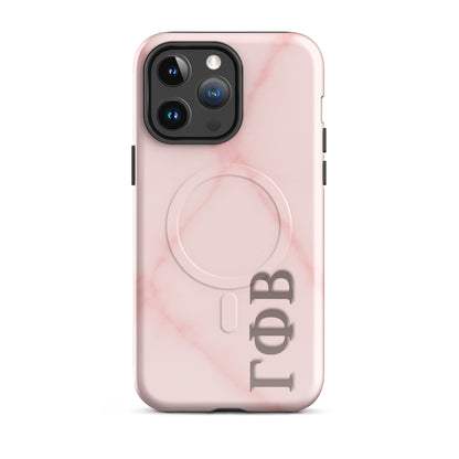 Gamma Phi Beta iPhone 14 Pro Max case with light pink marble pattern and Greek letters, slim durable cover with MagSafe compatibility