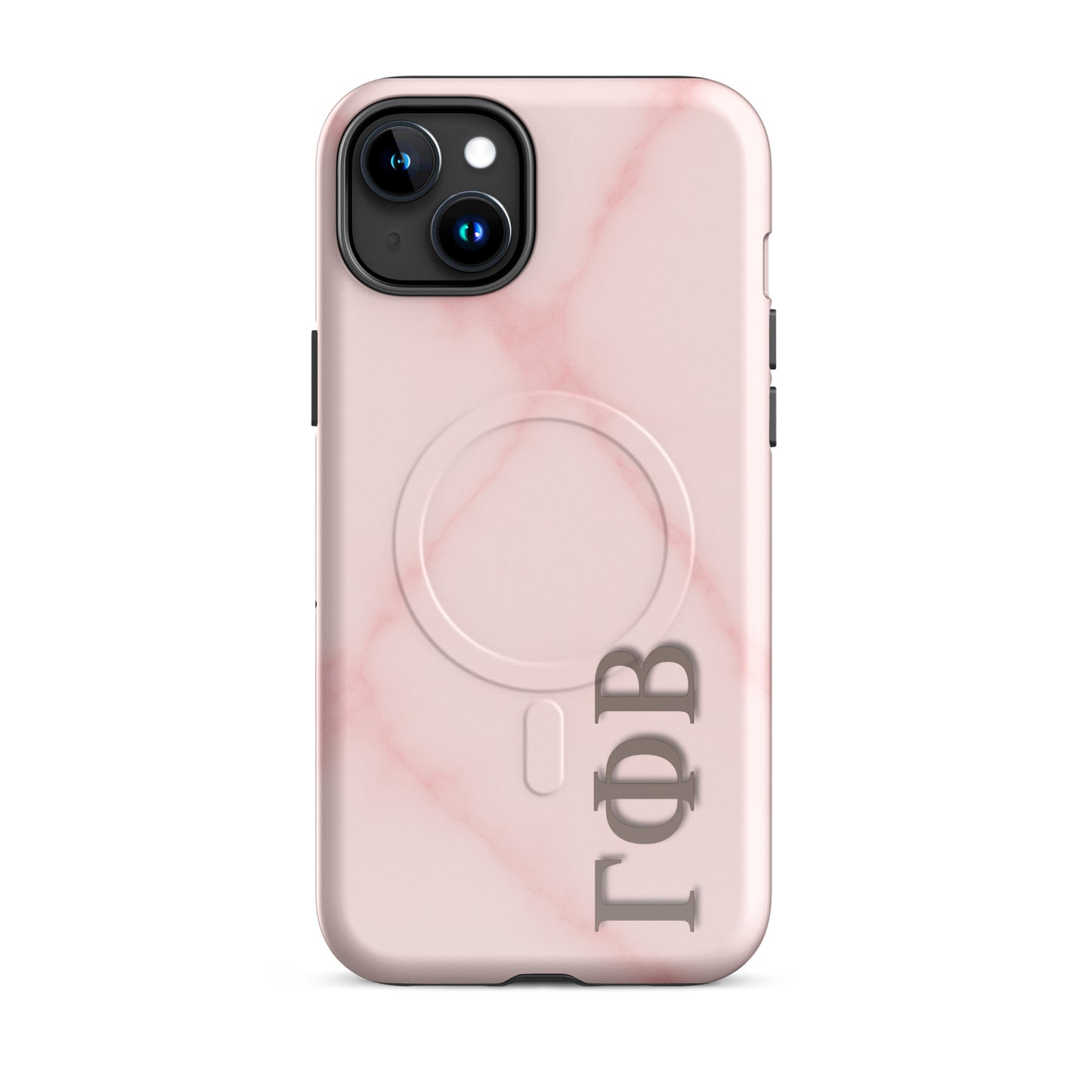 Gamma Phi Beta iPhone 15 Plus case with light pink marble pattern and Greek letters, slim durable cover with MagSafe compatibility