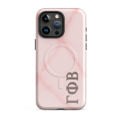 Gamma Phi Beta Greek letter phone case in blush marble design, lightweight protective iPhone 15 Pro case with MagSafe ring and clean aesthetic