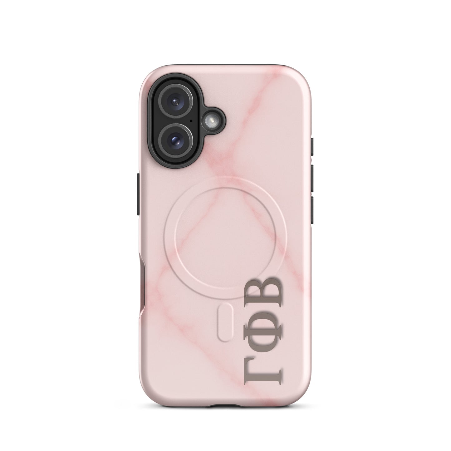 Gamma Phi Beta iPhone 16 case with light pink marble pattern and Greek letters, slim durable cover with MagSafe compatibility