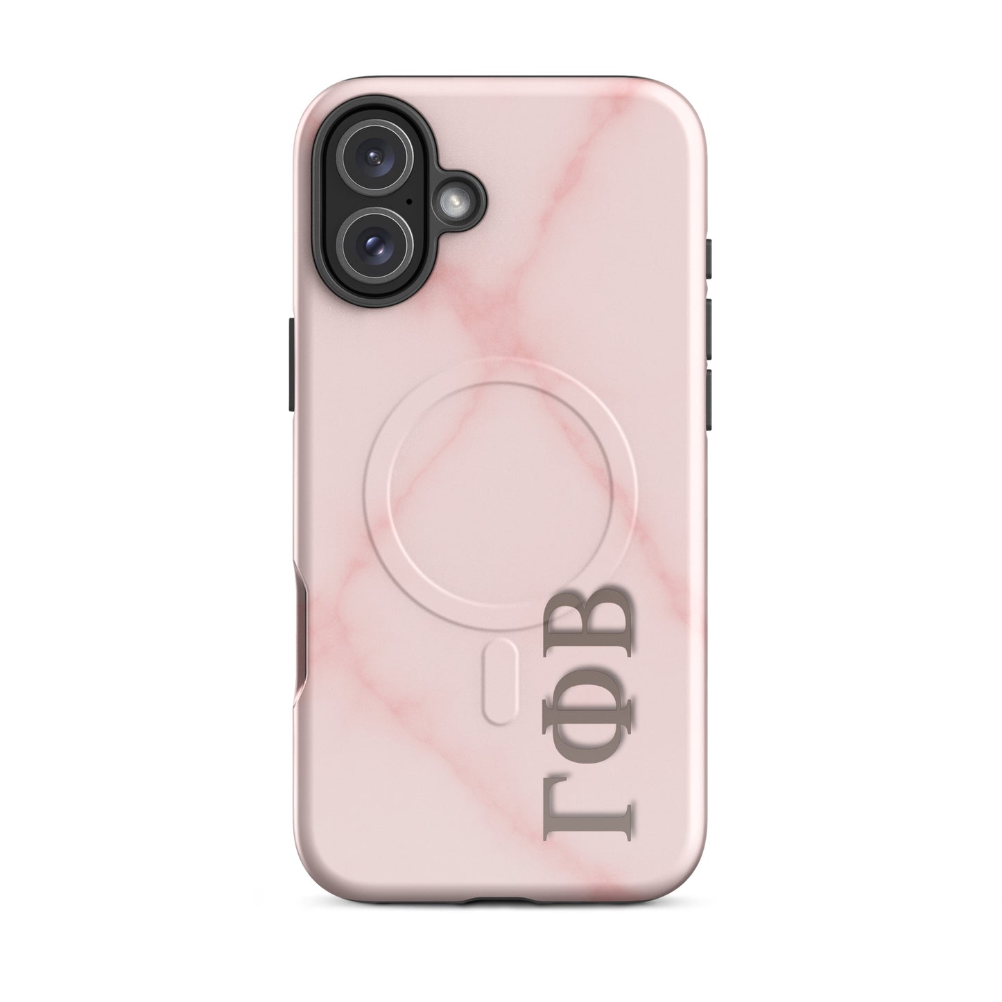 Gamma Phi Beta iPhone 16 Plus case with light pink marble pattern and Greek letters, slim durable cover with MagSafe compatibility