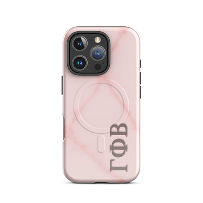 Gamma Phi Beta blush marble iPhone 16 Pro case with Greek letters and MagSafe ring, soft pink protective phone case with minimalist design