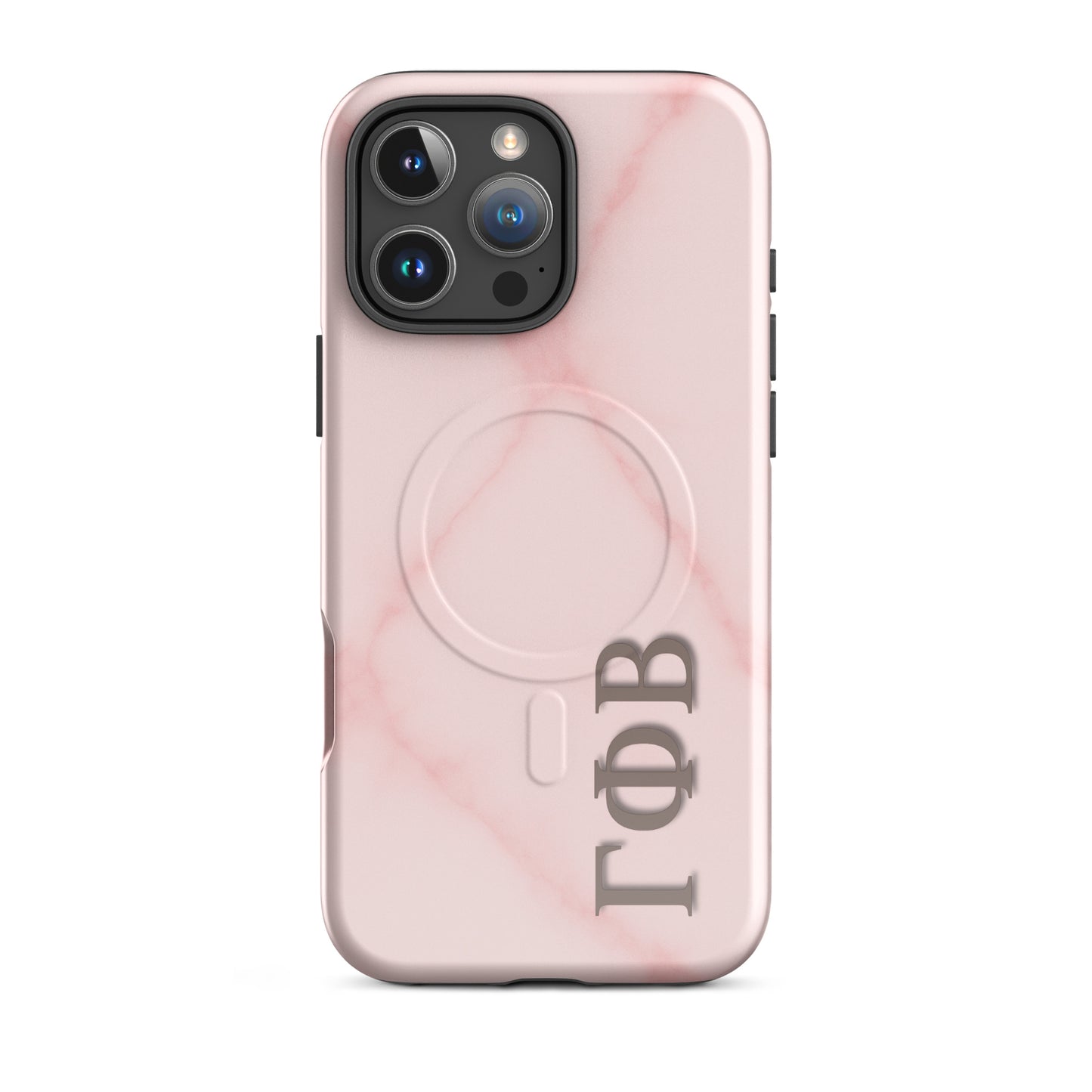 Gamma Phi Beta Greek letter phone case in blush marble design, lightweight protective iPhone 16 Pro Max case with MagSafe ring and clean aesthetic