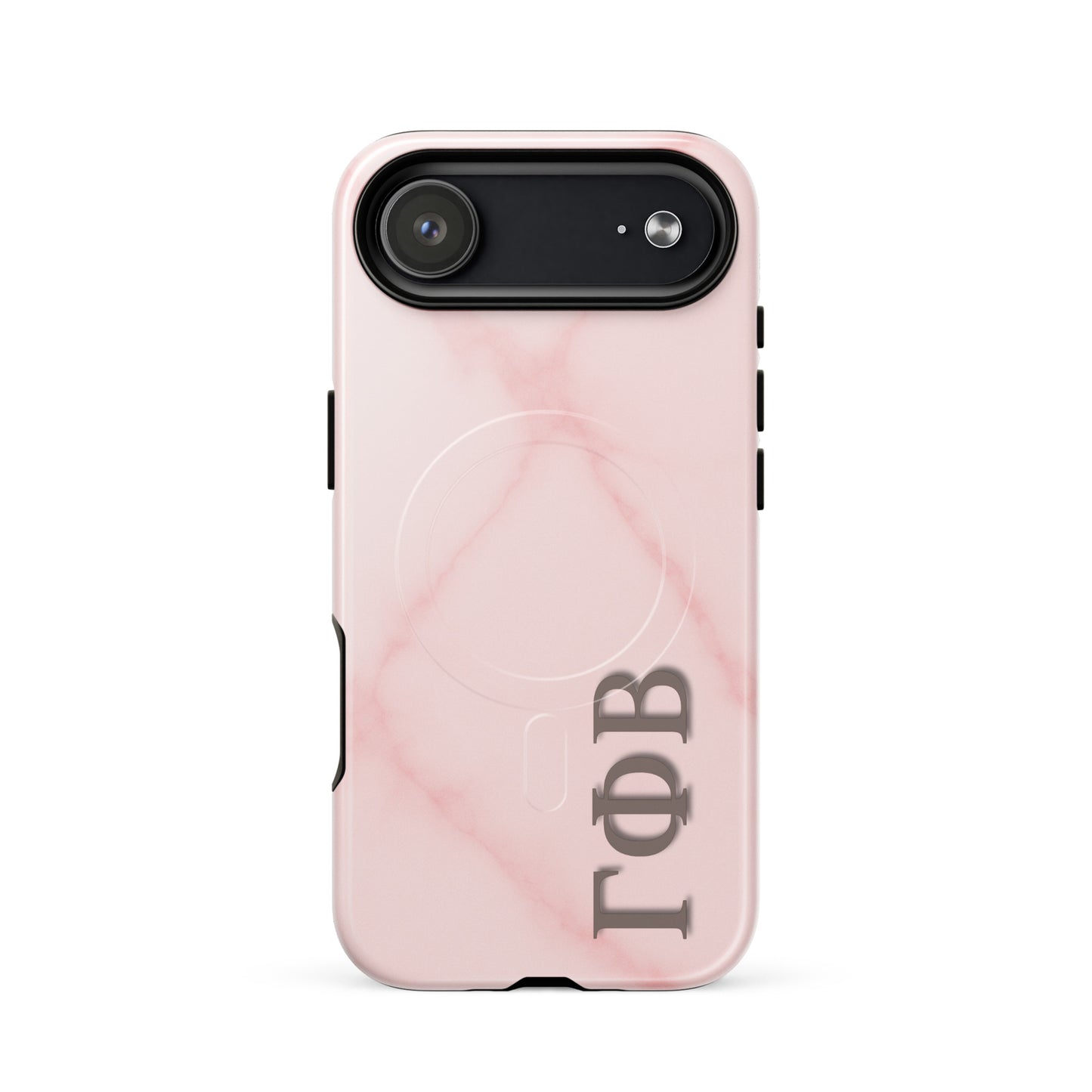 Gamma Phi Beta Greek letter phone case in blush marble design, lightweight protective iPhone 17 Air case with MagSafe ring and clean aesthetic