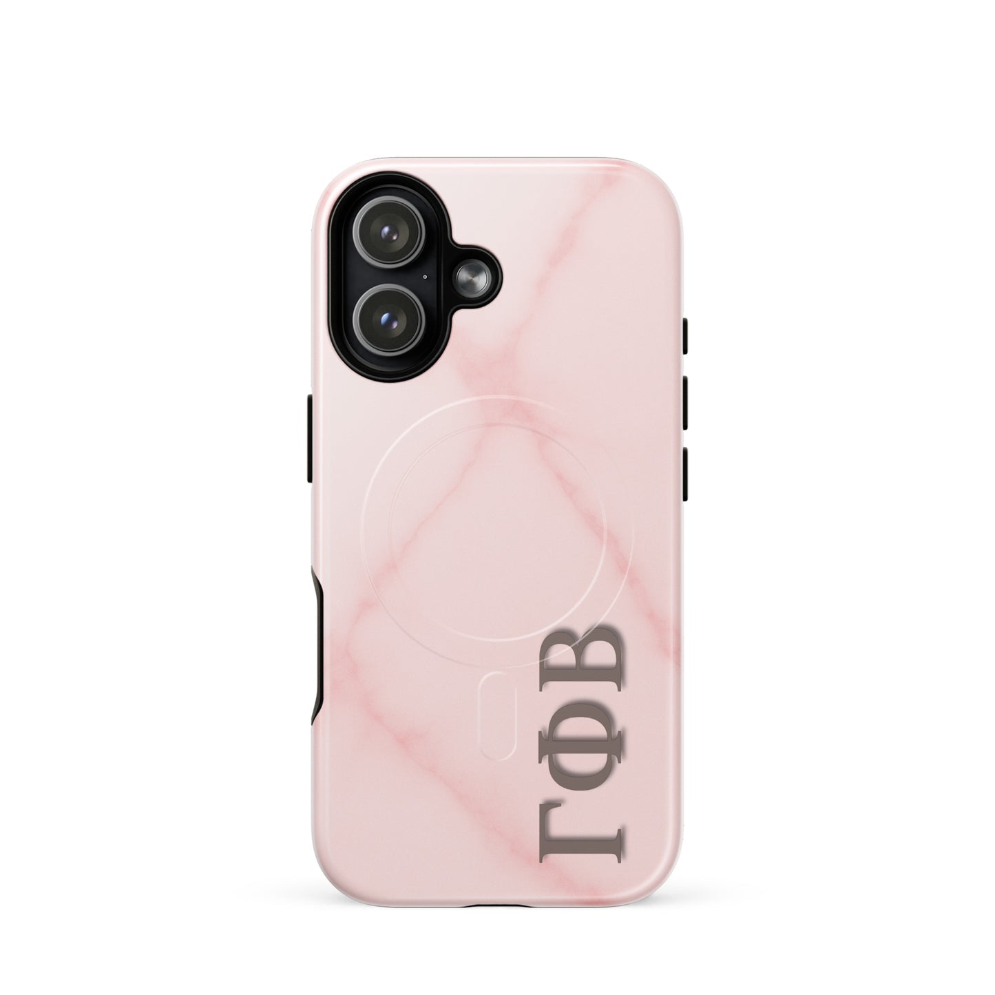 Gamma Phi Beta Greek letter phone case in blush marble design, lightweight protective iPhone 17 case with MagSafe ring and clean aesthetic