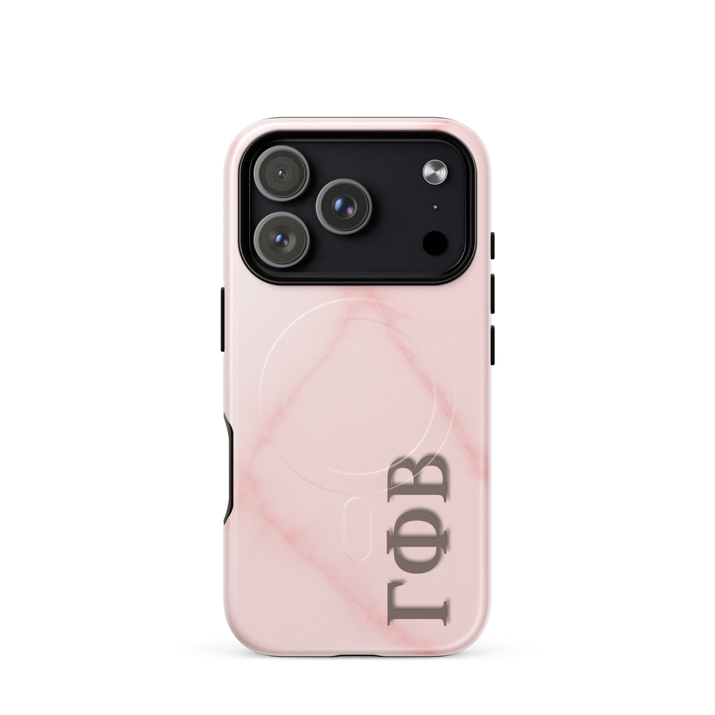 Gamma Phi Beta iPhone 17 Pro case with light pink marble pattern and Greek letters, slim durable cover with MagSafe compatibility
