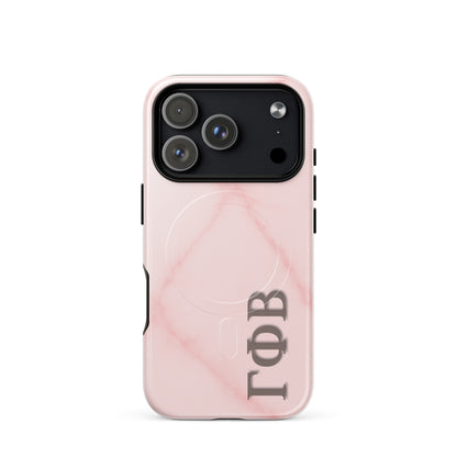 Gamma Phi Beta iPhone 17 Pro case with light pink marble pattern and Greek letters, slim durable cover with MagSafe compatibility
