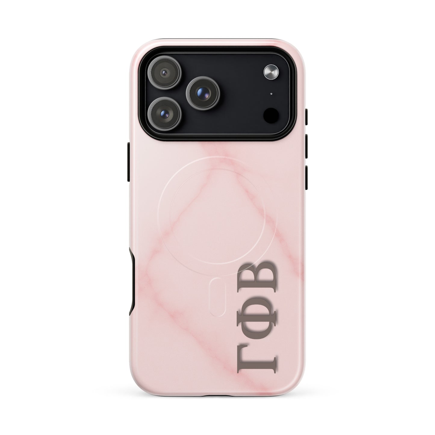 Gamma Phi Beta blush marble iPhone 17 Pro Max case with Greek letters and MagSafe ring, soft pink protective phone case with minimalist design