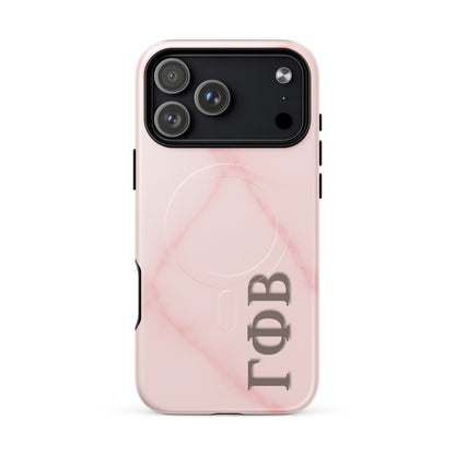 Gamma Phi Beta blush marble iPhone 17 Pro Max case with Greek letters and MagSafe ring, soft pink protective phone case with minimalist design