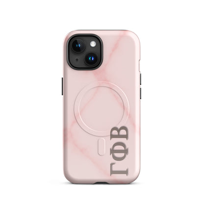 Gamma Phi Beta blush marble iPhone case with Greek letters and MagSafe ring, soft pink protective phone case with minimalist design
