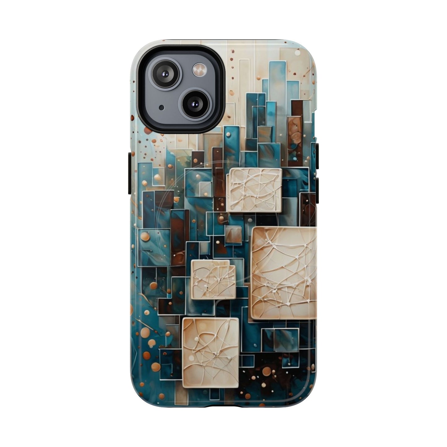 Architectural Drift geometric abstract iPhone 14 MagSafe case featuring layered teal, bronze, and ivory architectural blocks with modern textured design.