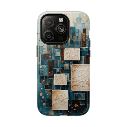 Architectural Drift geometric abstract iPhone 14 Pro MagSafe case featuring layered teal, bronze, and ivory architectural blocks with modern textured design.