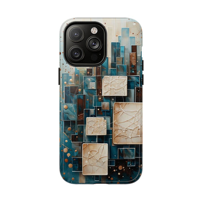 Architectural Drift geometric abstract iPhone 14 Pro Max MagSafe case featuring layered teal, bronze, and ivory architectural blocks with modern textured design.