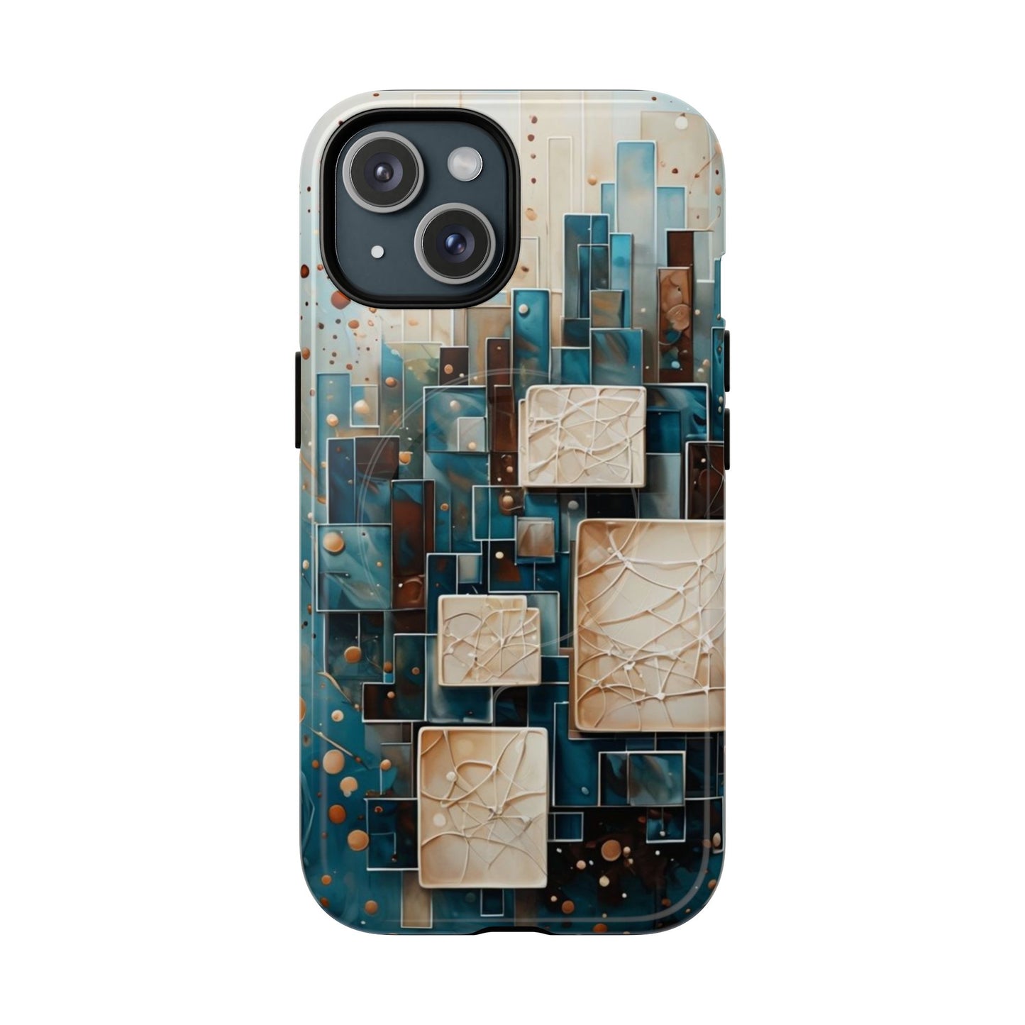 Architectural Drift geometric abstract iPhone 15 MagSafe case featuring layered teal, bronze, and ivory architectural blocks with modern textured design.