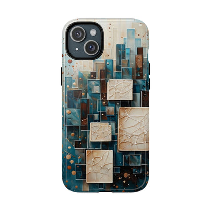 Architectural Drift geometric abstract iPhone 15 Plus MagSafe case featuring layered teal, bronze, and ivory architectural blocks with modern textured design.