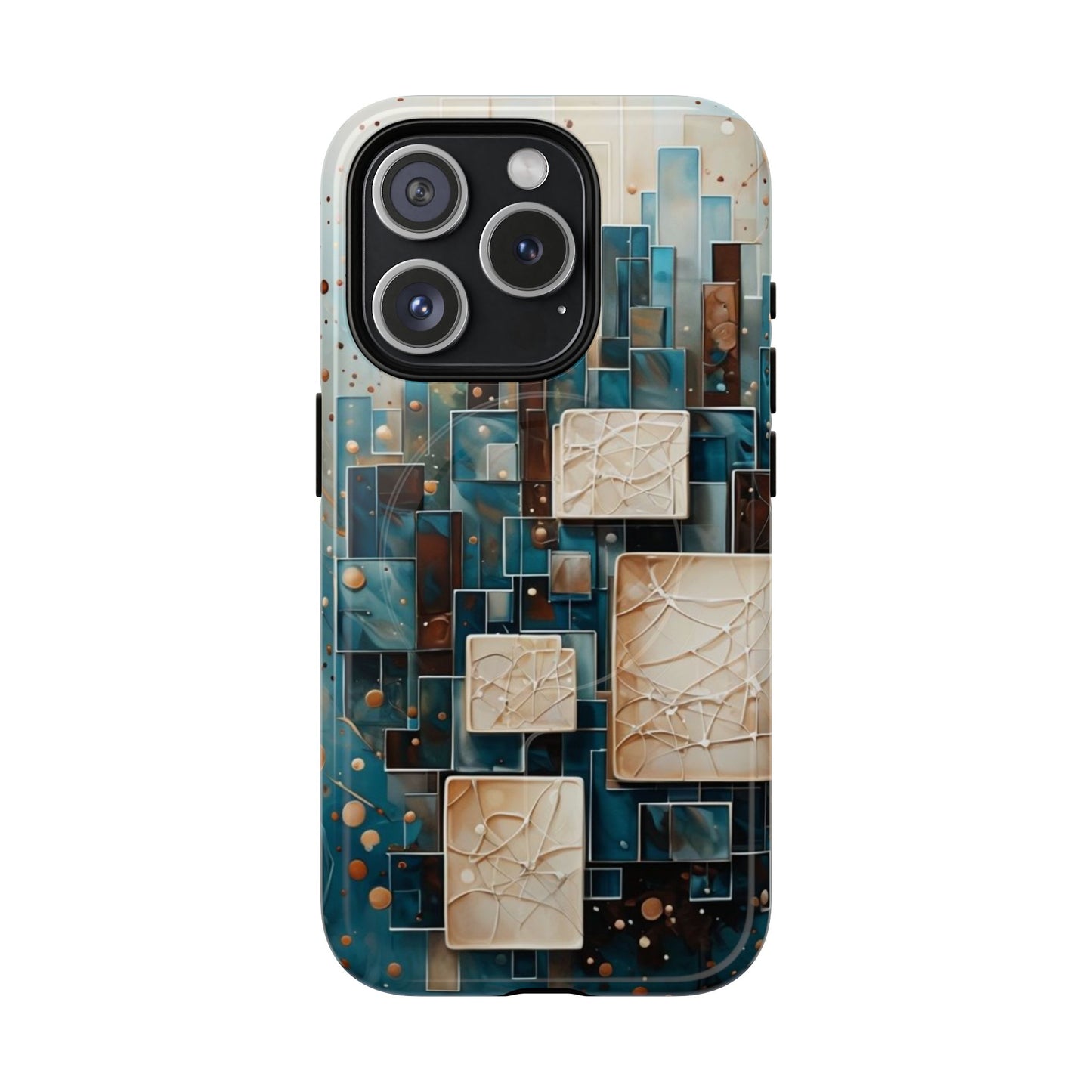Architectural Drift geometric abstract iPhone 15 Pro MagSafe case featuring layered teal, bronze, and ivory architectural blocks with modern textured design.