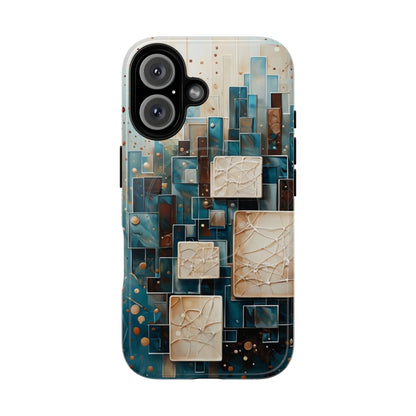 Architectural Drift geometric abstract iPhone 16 MagSafe case featuring layered teal, bronze, and ivory architectural blocks with modern textured design.