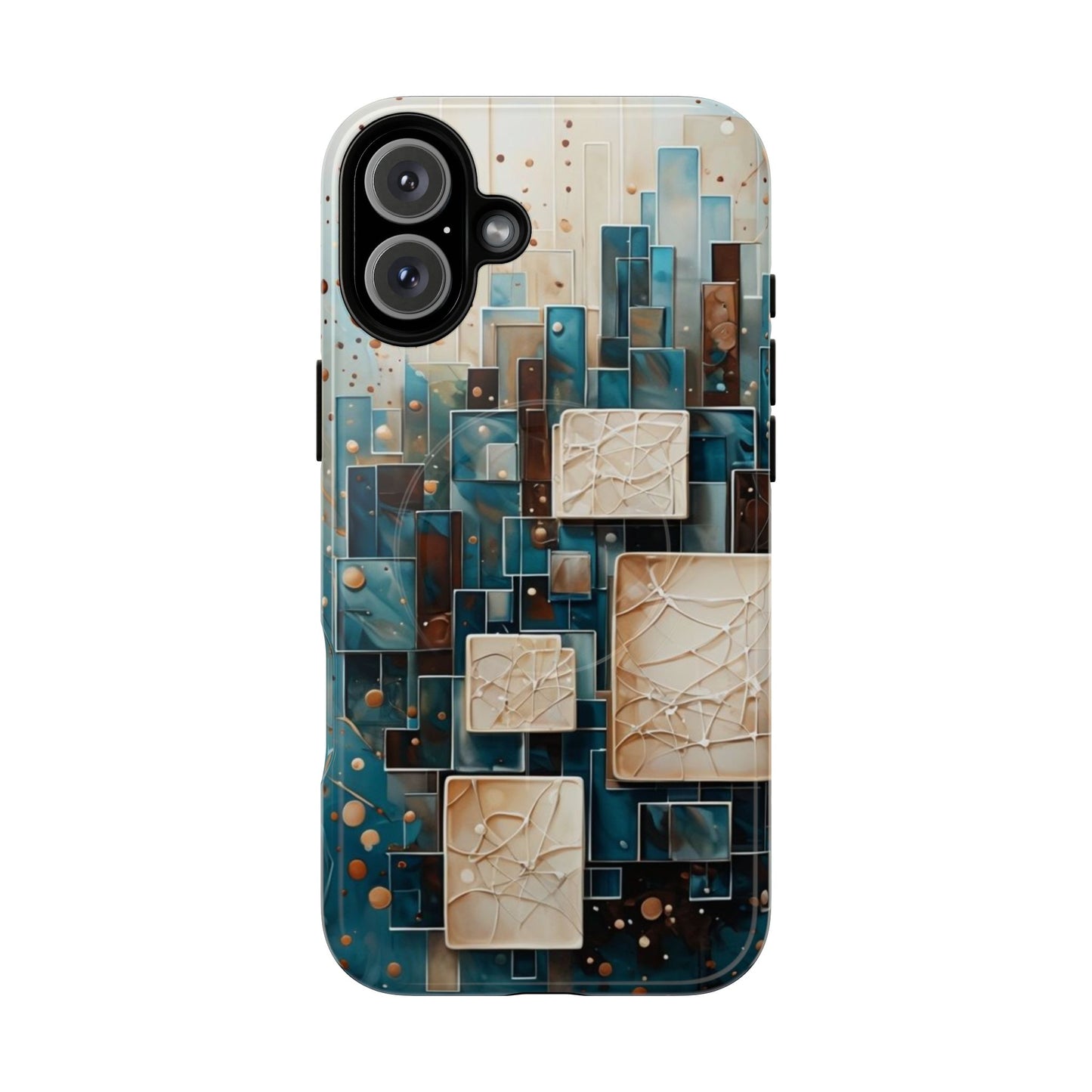 Architectural Drift geometric abstract iPhone 16 Plus MagSafe case featuring layered teal, bronze, and ivory architectural blocks with modern textured design.