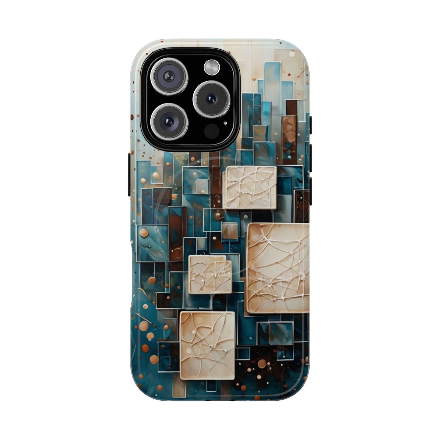 Architectural Drift geometric abstract iPhone 16 Pro MagSafe case featuring layered teal, bronze, and ivory architectural blocks with modern textured design.