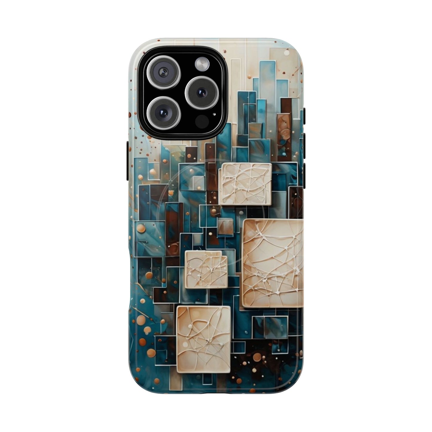 Architectural Drift geometric abstract iPhone 16 Pro Max MagSafe case featuring layered teal, bronze, and ivory architectural blocks with modern textured design.