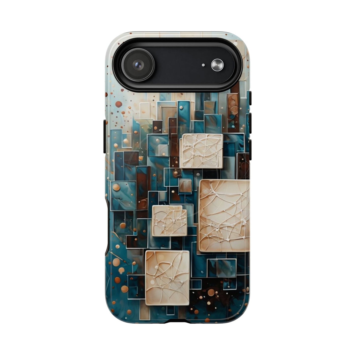 Architectural Drift geometric abstract iPhone 17 Air MagSafe case featuring layered teal, bronze, and ivory architectural blocks with modern textured design.