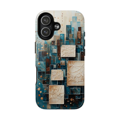 Architectural Drift geometric abstract iPhone 17 MagSafe case featuring layered teal, bronze, and ivory architectural blocks with modern textured design.