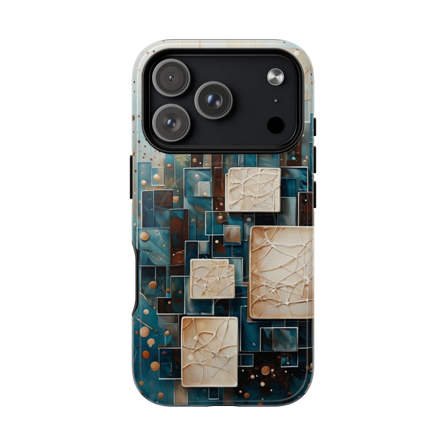 Architectural Drift geometric abstract iPhone 17 Pro MagSafe case featuring layered teal, bronze, and ivory architectural blocks with modern textured design.