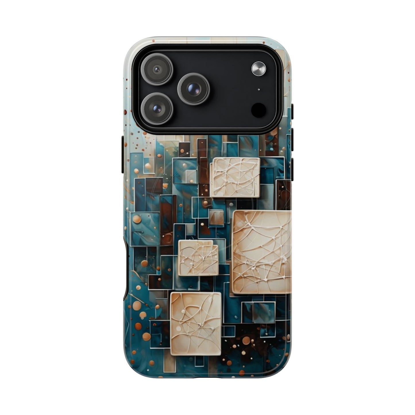 Architectural Drift geometric abstract iPhone 17 Pro Max MagSafe case featuring layered teal, bronze, and ivory architectural blocks with modern textured design.