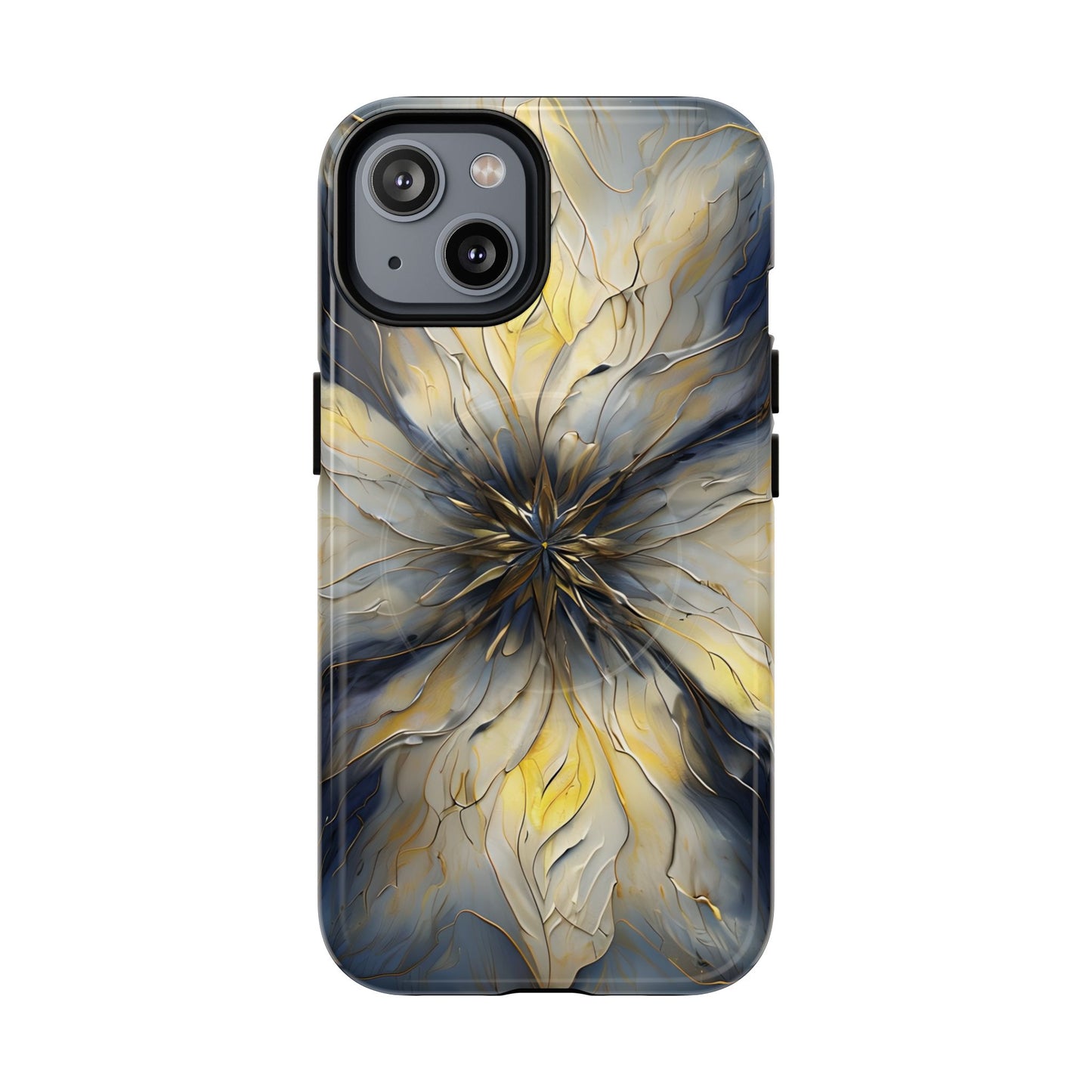 Luminous Petal iPhone 14 MagSafe case featuring an elegant abstract floral design with gold accents and blue marble textures in a symmetrical pattern.