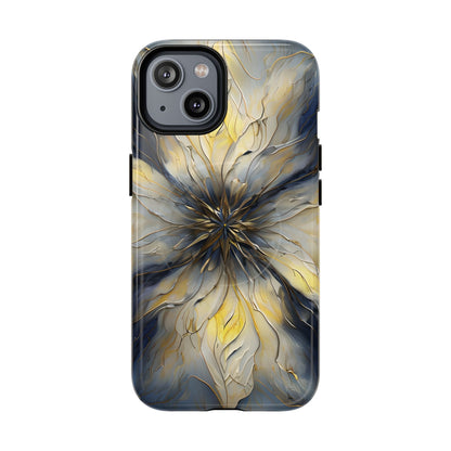 Luminous Petal iPhone 14 MagSafe case featuring an elegant abstract floral design with gold accents and blue marble textures in a symmetrical pattern.