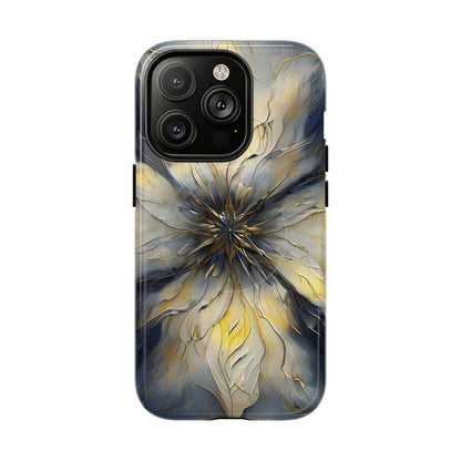Luminous Petal iPhone 14 Pro MagSafe case featuring an elegant abstract floral design with gold accents and blue marble textures in a symmetrical pattern.