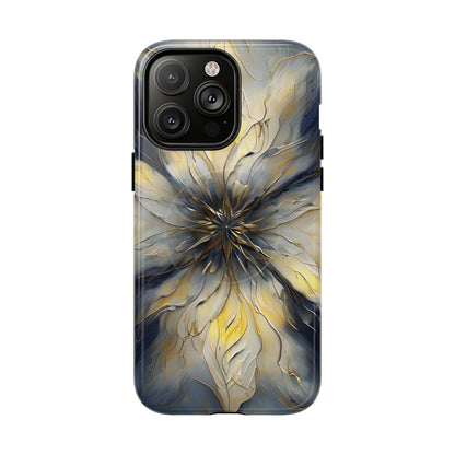 Luminous Petal iPhone 14 Pro Max MagSafe case featuring an elegant abstract floral design with gold accents and blue marble textures in a symmetrical pattern.