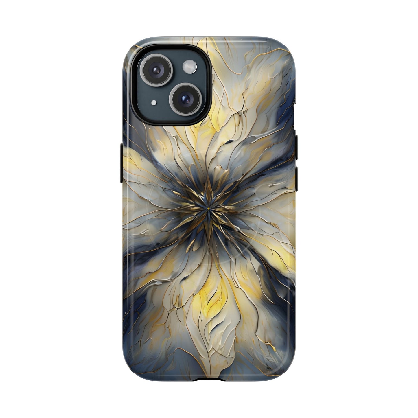 Luminous Petal iPhone 15 MagSafe case featuring an elegant abstract floral design with gold accents and blue marble textures in a symmetrical pattern.