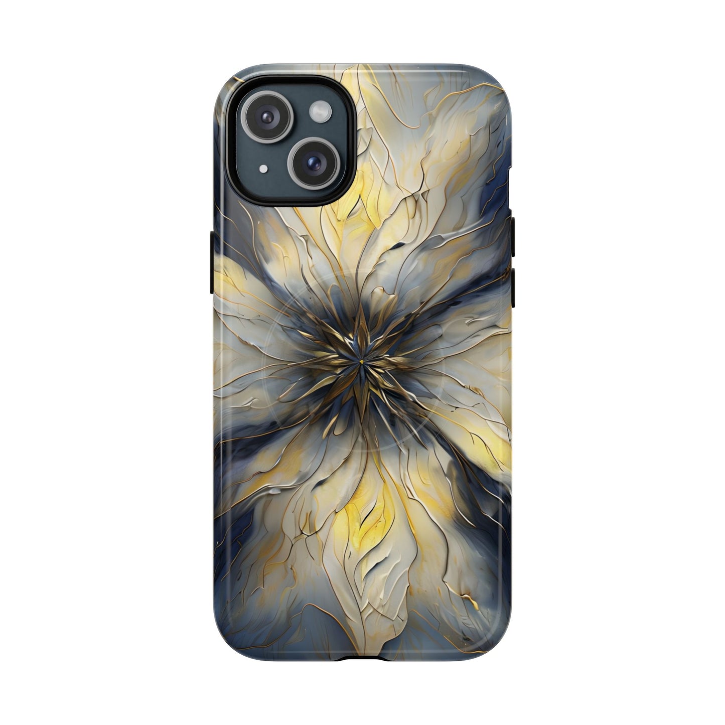 Luminous Petal iPhone 15 Plus MagSafe case featuring an elegant abstract floral design with gold accents and blue marble textures in a symmetrical pattern.