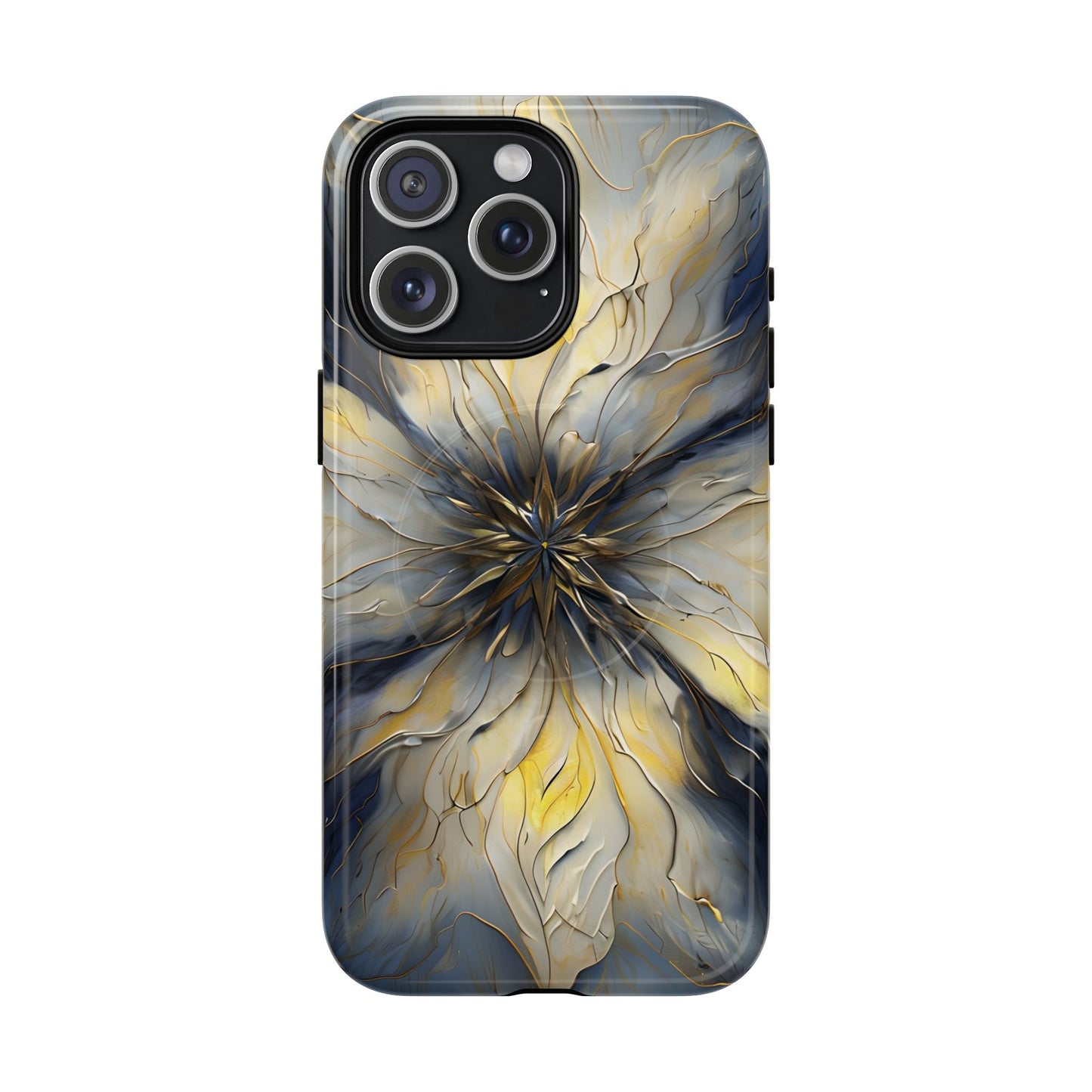 Luminous Petal iPhone 15 Pro Max MagSafe case featuring an elegant abstract floral design with gold accents and blue marble textures in a symmetrical pattern.