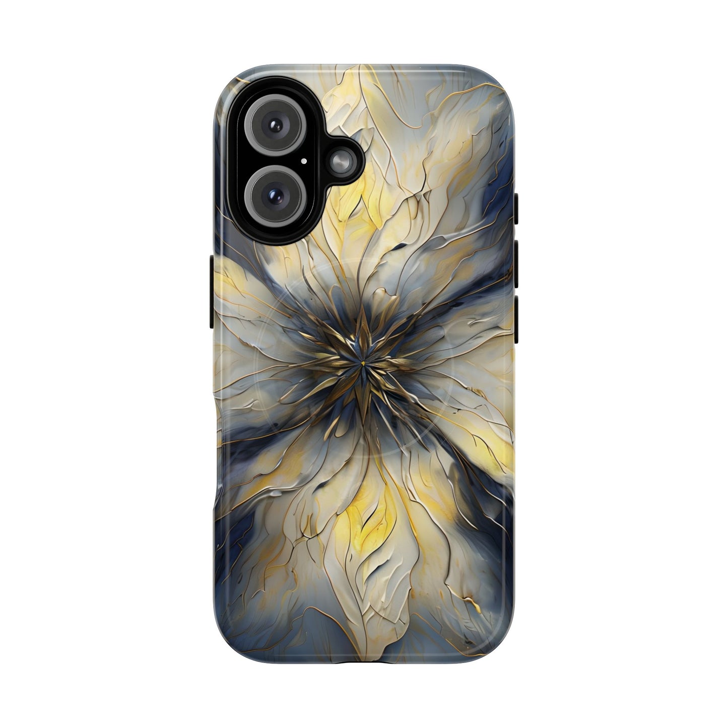 Luminous Petal iPhone 16 MagSafe case featuring an elegant abstract floral design with gold accents and blue marble textures in a symmetrical pattern.