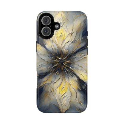 Luminous Petal iPhone 16 Plus MagSafe case featuring an elegant abstract floral design with gold accents and blue marble textures in a symmetrical pattern.
