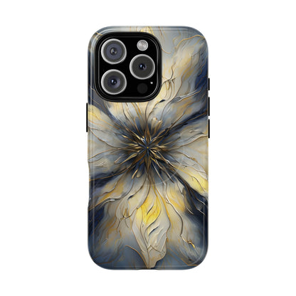 Luminous Petal iPhone 16 Pro MagSafe case featuring an elegant abstract floral design with gold accents and blue marble textures in a symmetrical pattern.