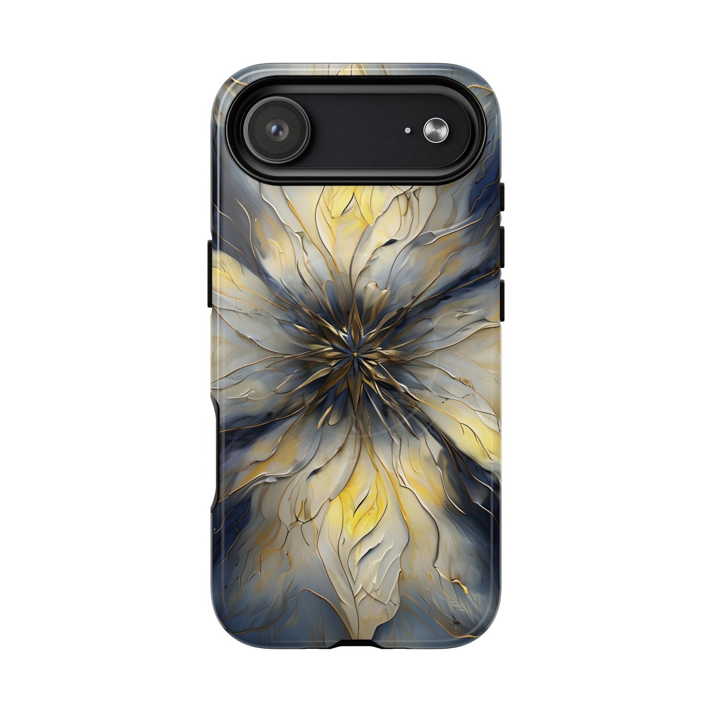 Luminous Petal iPhone 17 Air MagSafe case featuring an elegant abstract floral design with gold accents and blue marble textures in a symmetrical pattern.