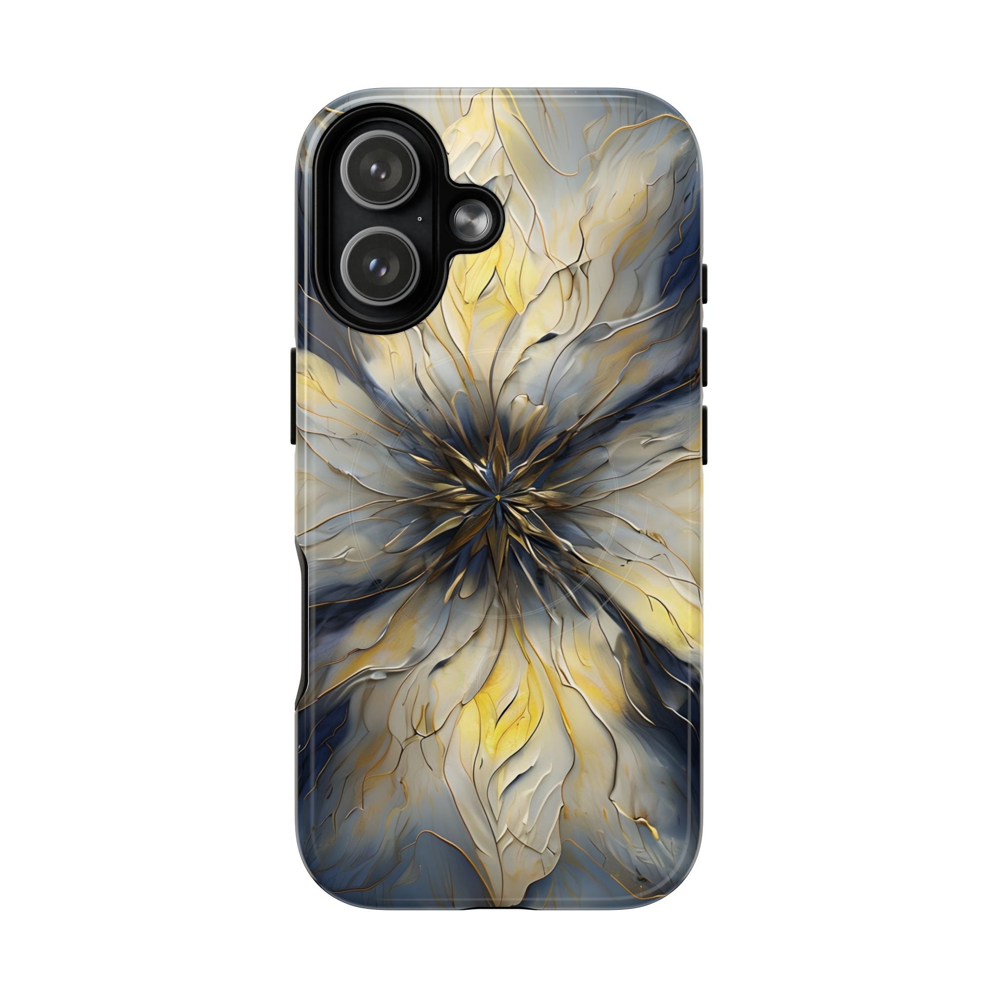 Luminous Petal iPhone 17 MagSafe case featuring an elegant abstract floral design with gold accents and blue marble textures in a symmetrical pattern.