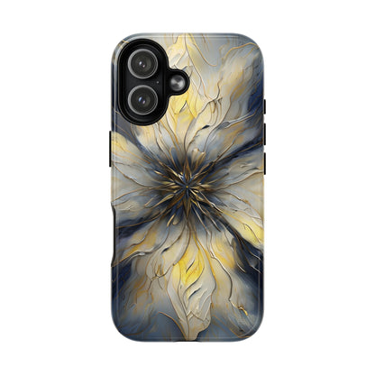 Luminous Petal iPhone 17 MagSafe case featuring an elegant abstract floral design with gold accents and blue marble textures in a symmetrical pattern.