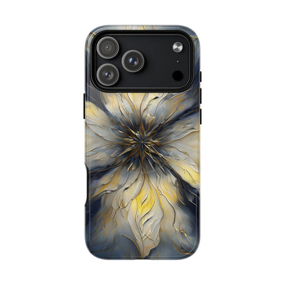 Luminous Petal iPhone 17 Pro Max MagSafe case featuring an elegant abstract floral design with gold accents and blue marble textures in a symmetrical pattern.