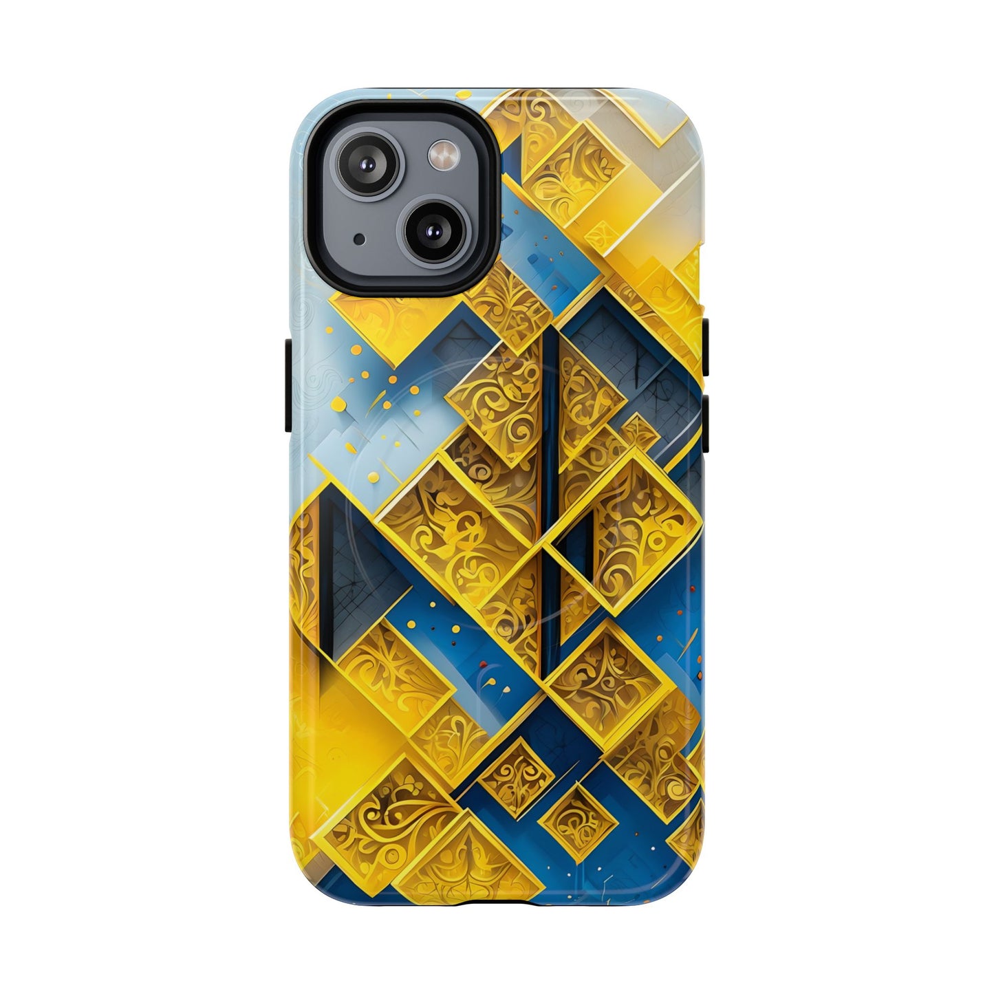 Golden Ascent iPhone 14 MagSafe case featuring a bold geometric pattern in gold and blue with layered abstract shapes and intricate detailing.